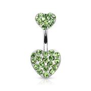 Пирсинг пупка СЕРДЦЕ с кристалами ЗЕЛЕНОЕ